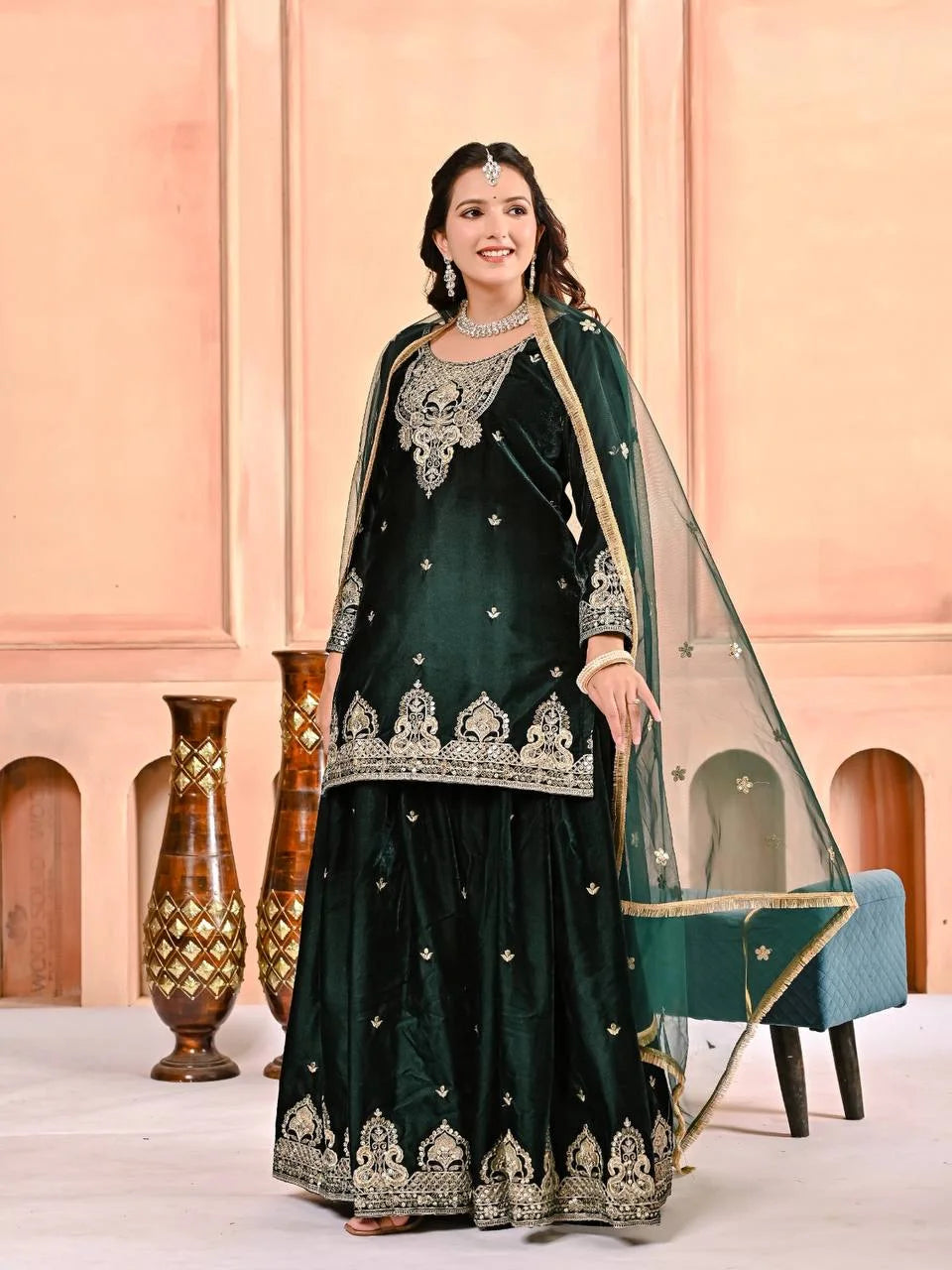 Fully Stitched Velvet Sharara Suit with Heavy Work & Fancy Lace Dupatta