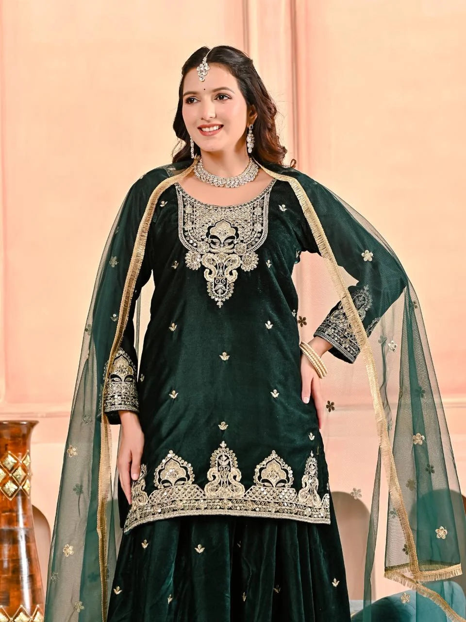 Fully Stitched Velvet Sharara Suit with Heavy Work & Fancy Lace Dupatta