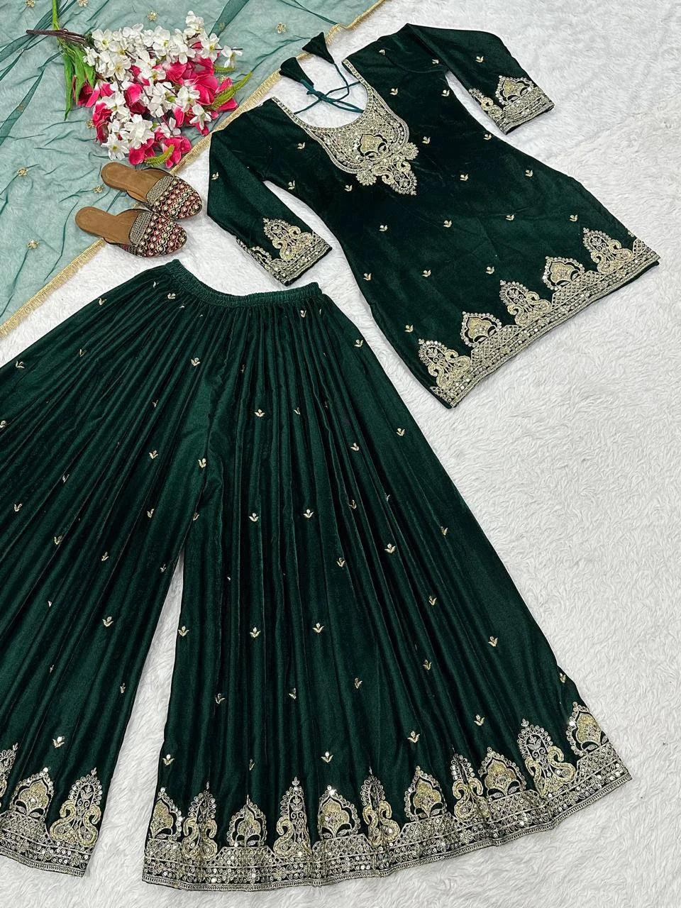 Fully Stitched Velvet Sharara Suit with Heavy Work & Fancy Lace Dupatta