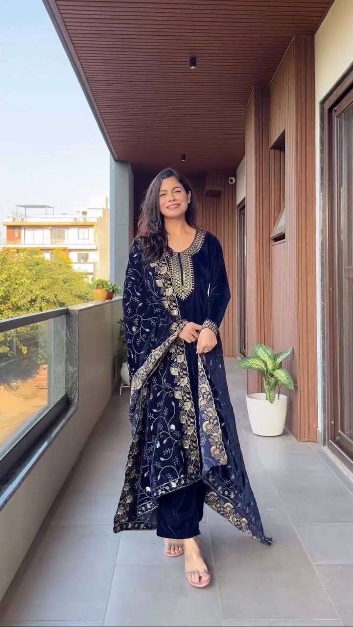 Luxury Velvet Sequence Embroidery Suit Set