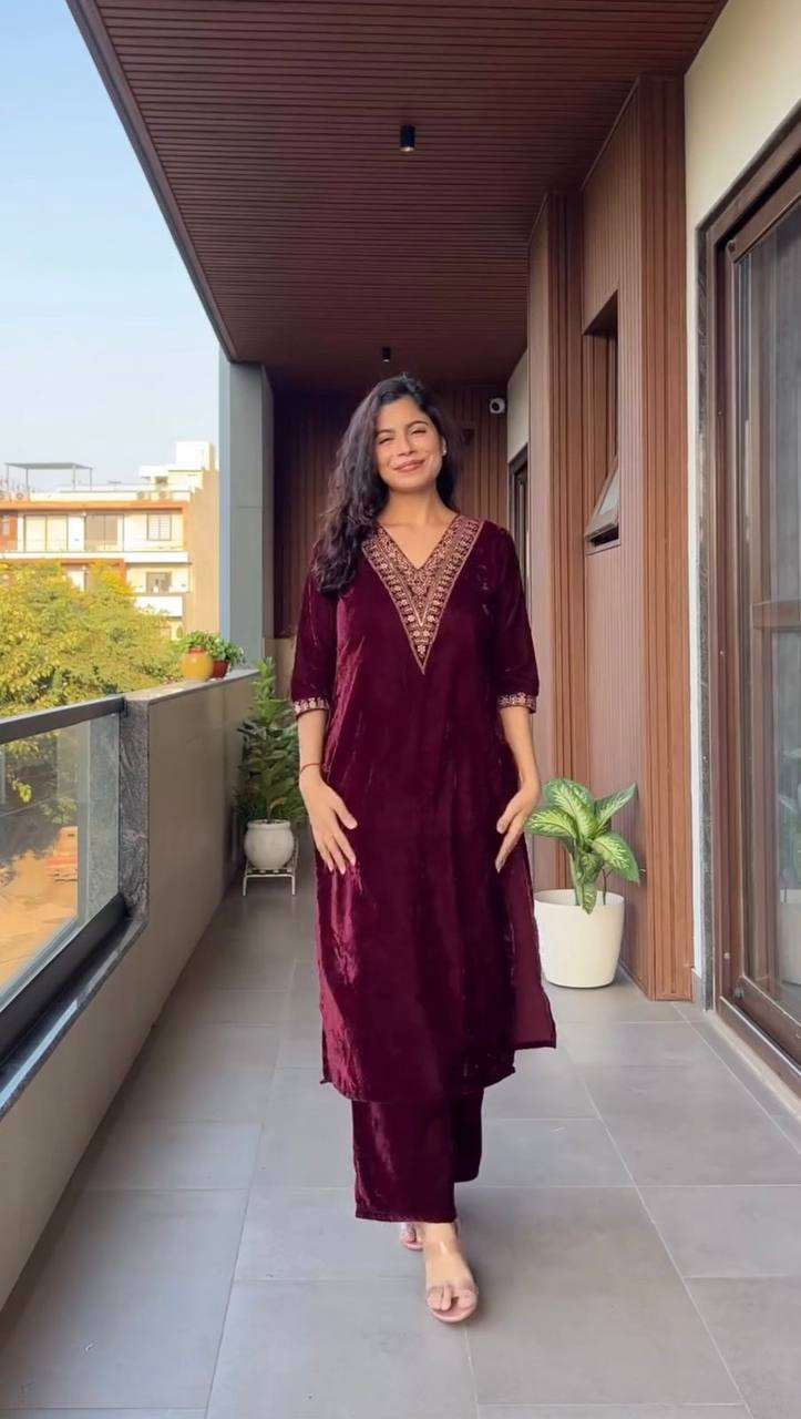 Designer Velvet Embroidered Kurta Set with Dupatta
