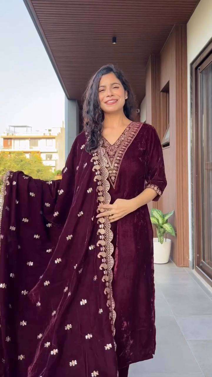 Designer Velvet Embroidered Kurta Set with Dupatta