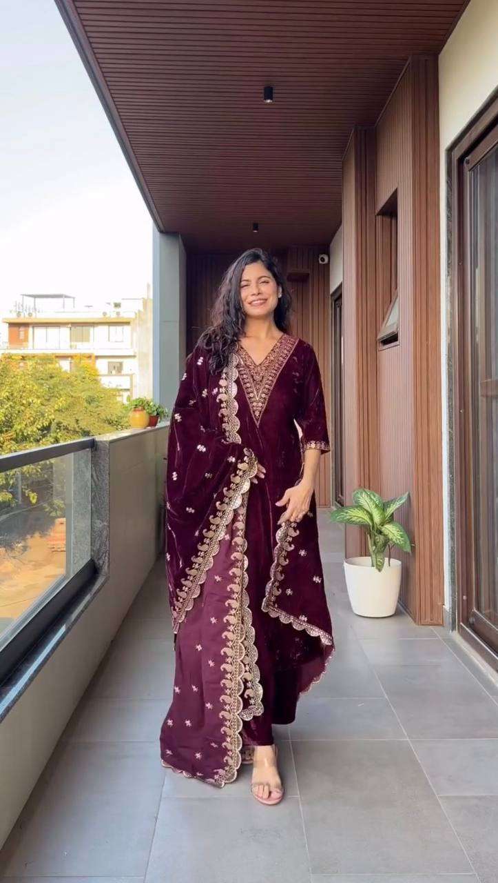 Designer Velvet Embroidered Kurta Set with Dupatta