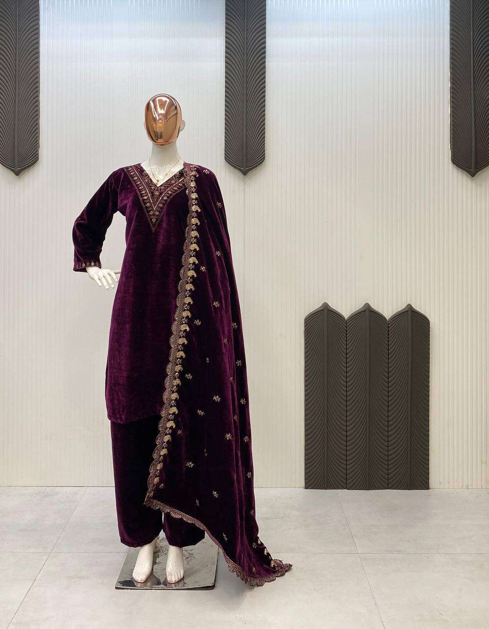 Designer Velvet Embroidered Kurta Set with Dupatta