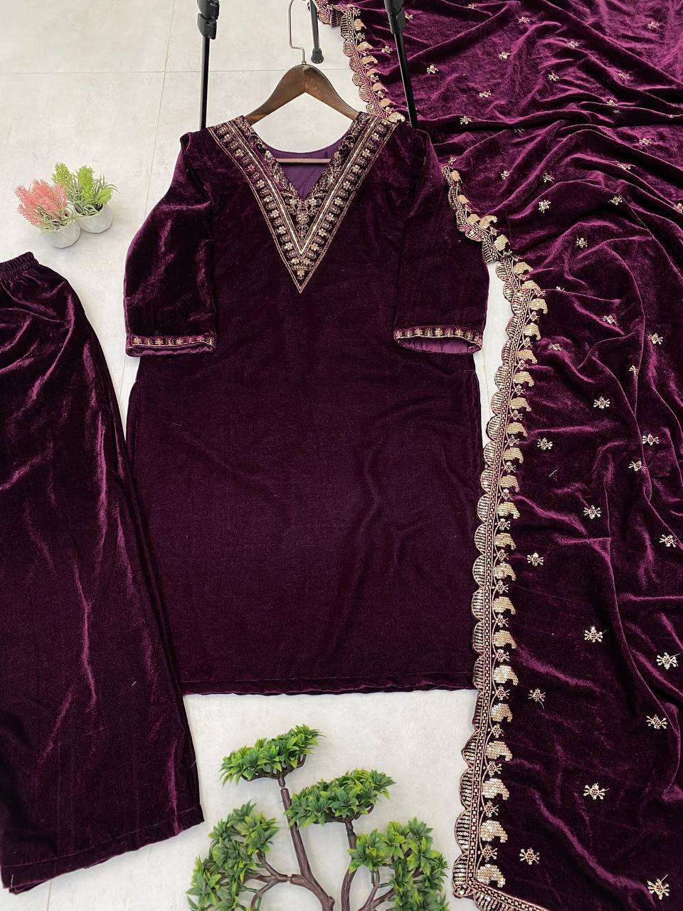 Designer Velvet Embroidered Kurta Set with Dupatta