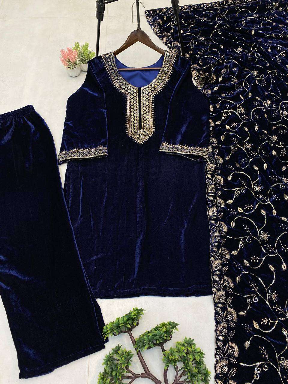 Luxury Velvet Sequence Embroidery Suit Set