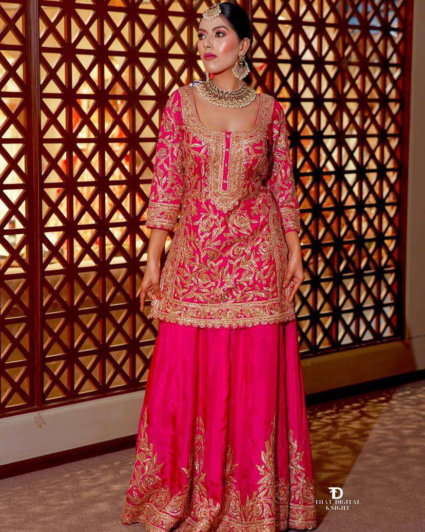 Party Wear Chinon Silk Embroidered Sharara Set with Dupatta