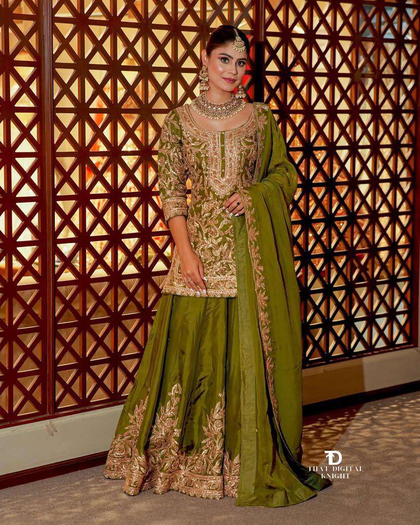 Elegant Chinon Silk Embroidered Topâ€“Shararaâ€“Dupatta Set