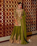 Elegant Chinon Silk Embroidered Topâ€“Shararaâ€“Dupatta Set