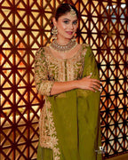 Elegant Chinon Silk Embroidered Topâ€“Shararaâ€“Dupatta Set