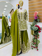 Elegant Chinon Silk Embroidered Topâ€“Shararaâ€“Dupatta Set