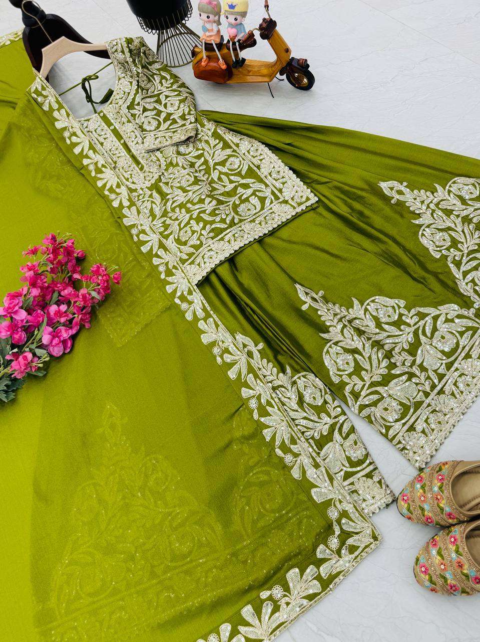 Elegant Chinon Silk Embroidered Topâ€“Shararaâ€“Dupatta Set