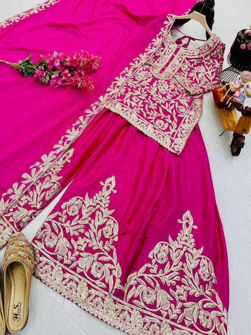 Party Wear Chinon Silk Embroidered Sharara Set with Dupatta