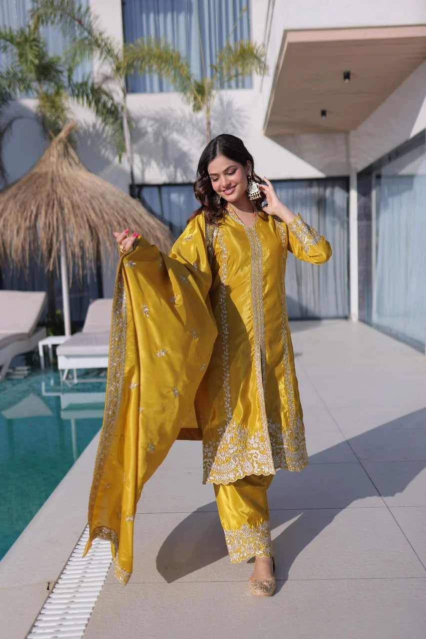 Elegant Glow: Zari & Sequins Embroidered Kurti Pant Set with Dupatta