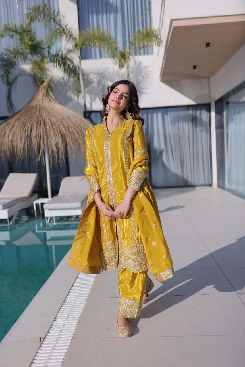 Elegant Glow: Zari & Sequins Embroidered Kurti Pant Set with Dupatta