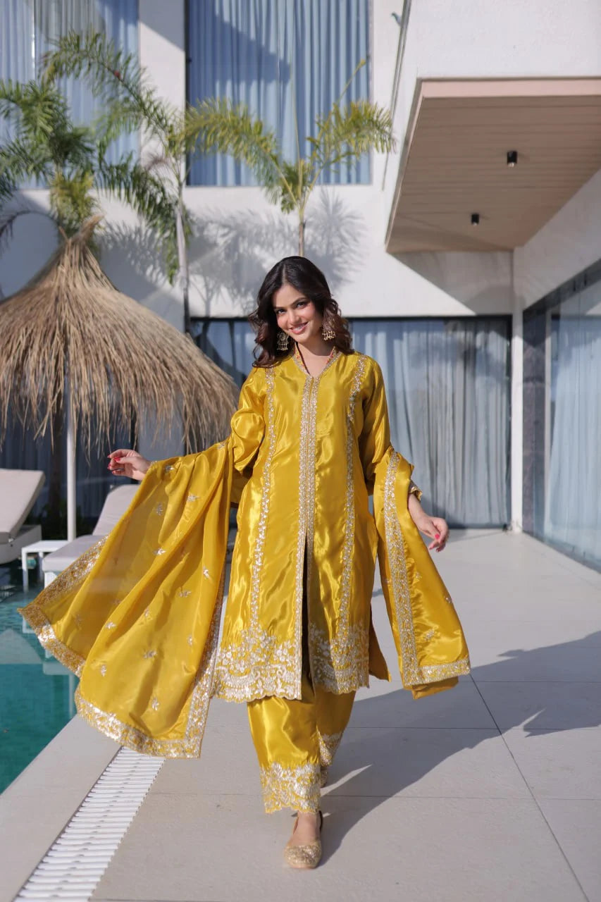 Elegant Glow: Zari & Sequins Embroidered Kurti Pant Set with Dupatta