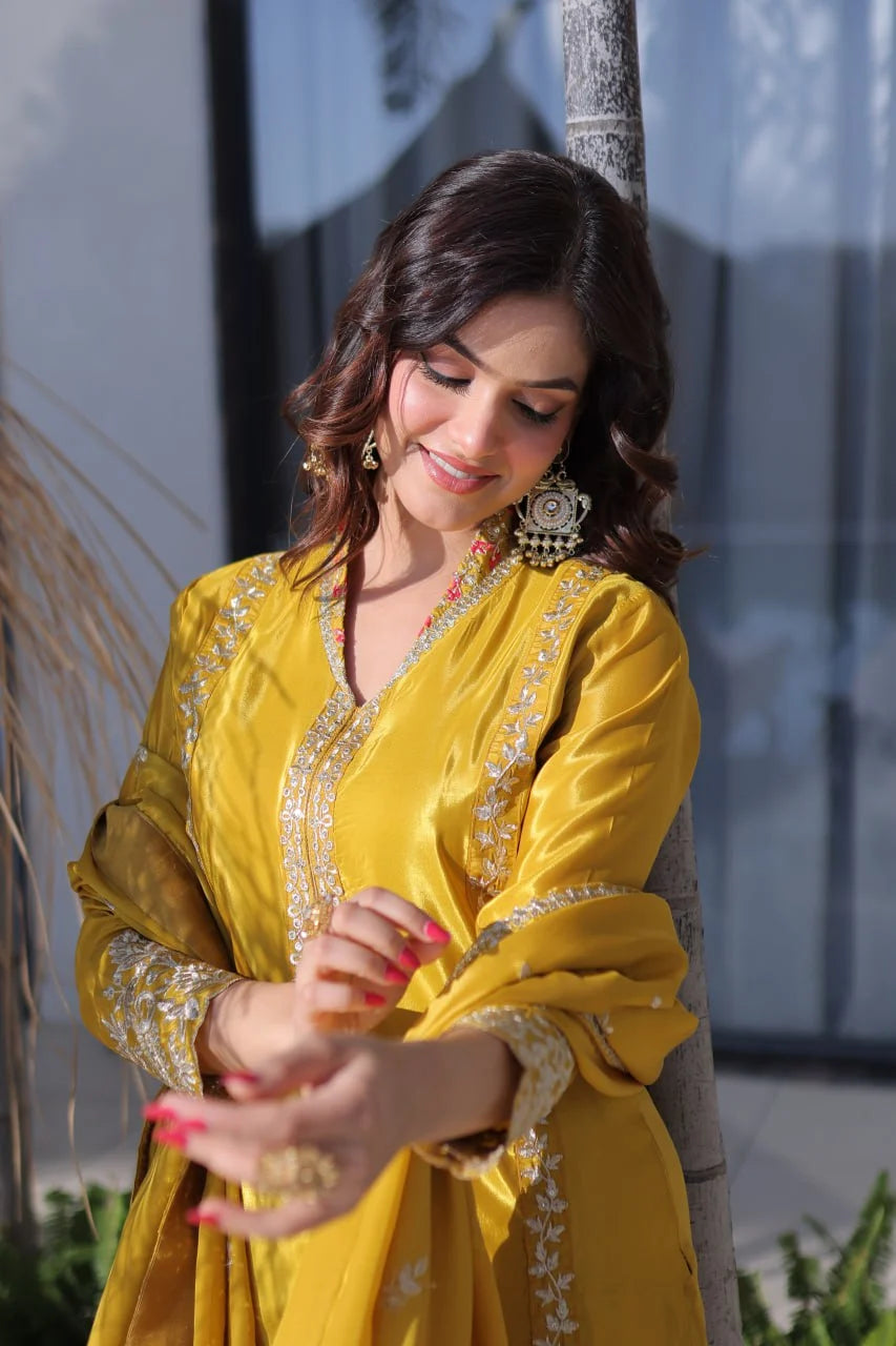 Elegant Glow: Zari & Sequins Embroidered Kurti Pant Set with Dupatta