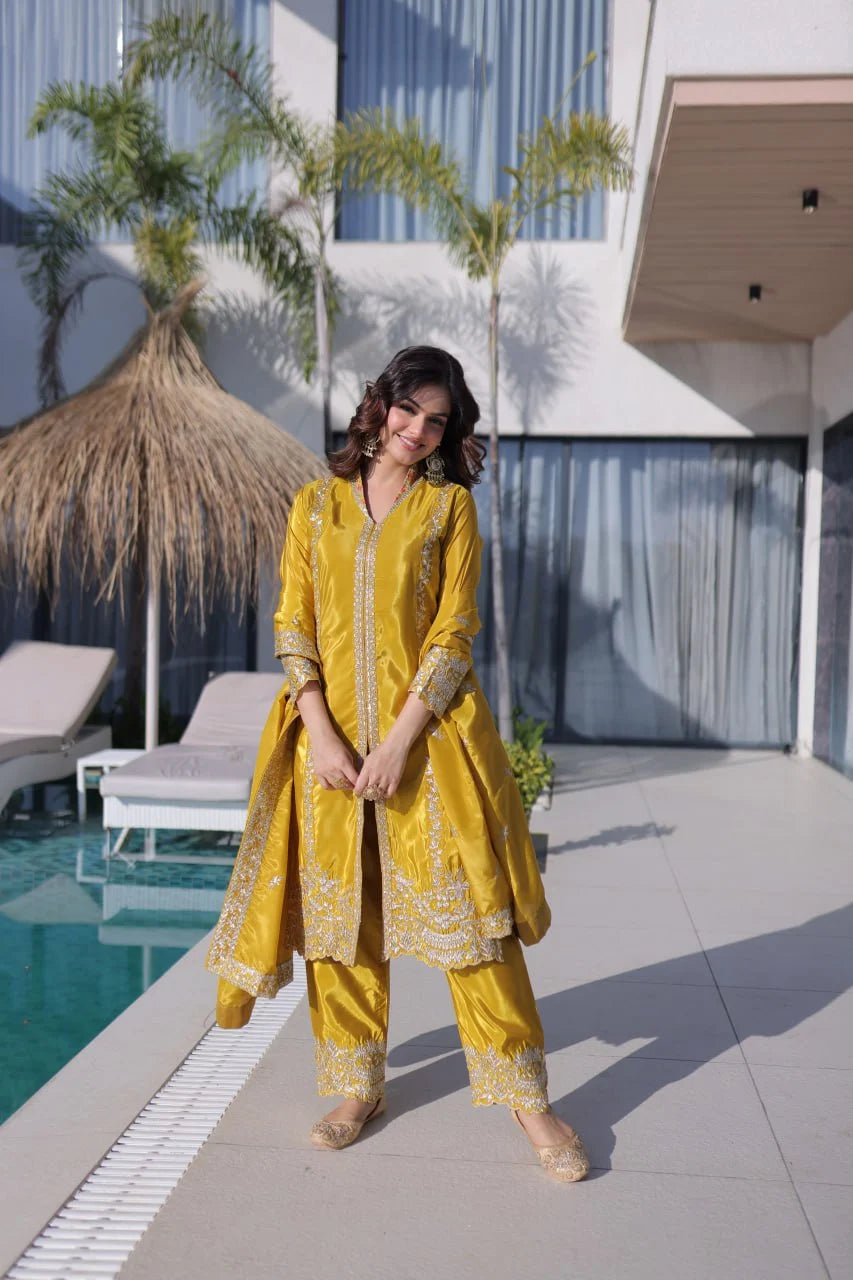 Elegant Glow: Zari & Sequins Embroidered Kurti Pant Set with Dupatta