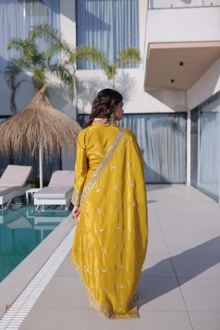 Elegant Glow: Zari & Sequins Embroidered Kurti Pant Set with Dupatta
