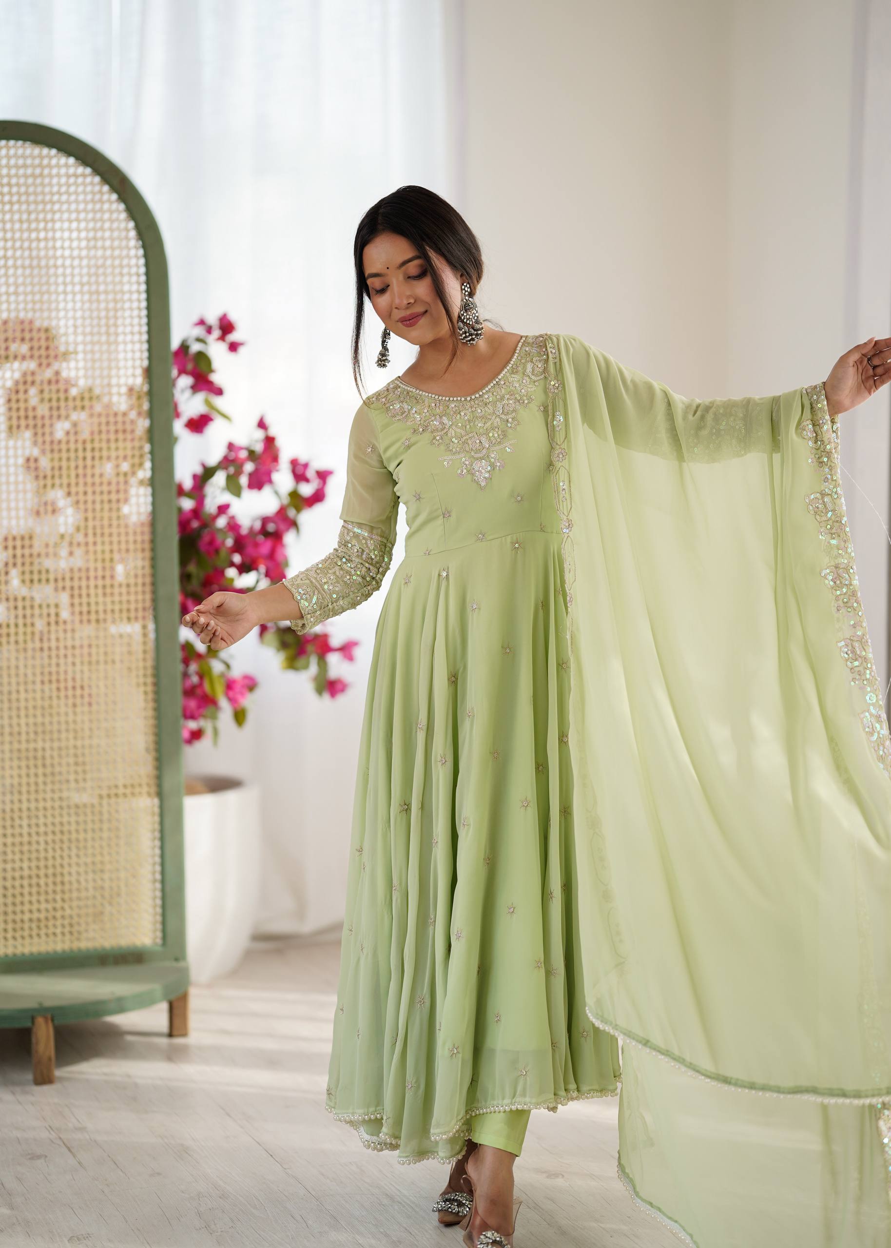 Elegant Embroidered Rembo Sequence Designer Anarkali Suit For Festivals