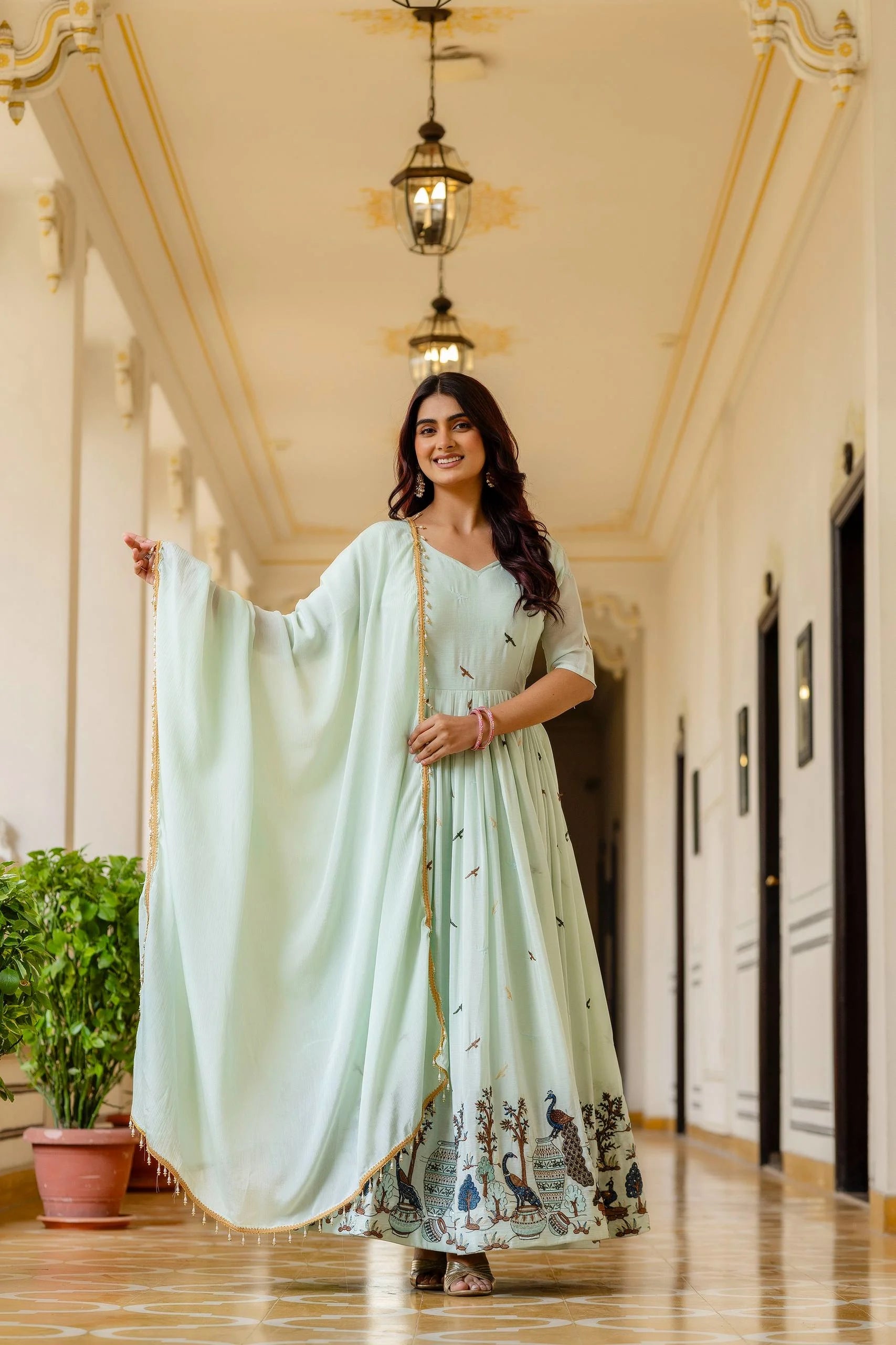 Glamorous Festive Look: Embroidered Chinon Gown with Grand Flair