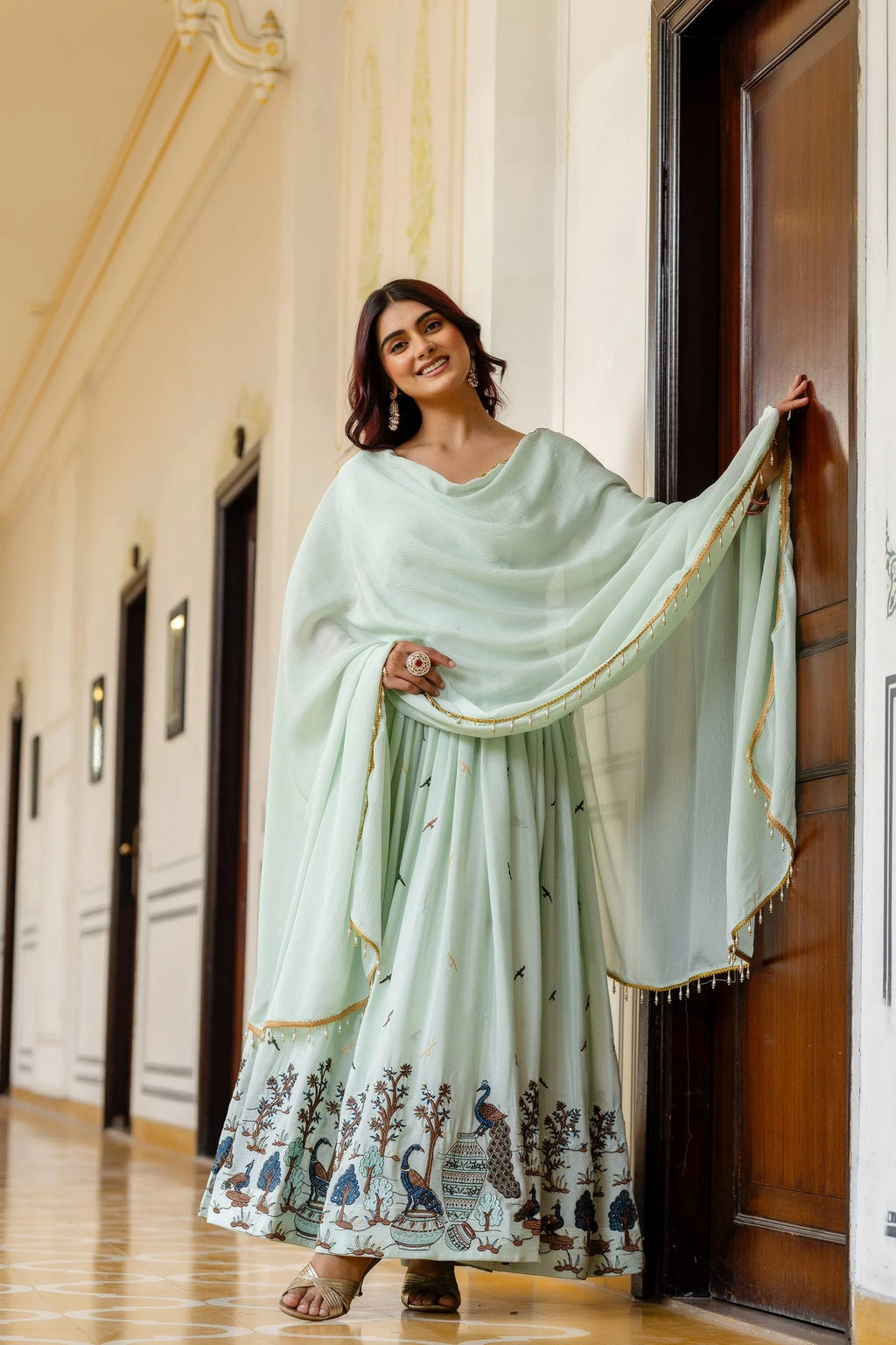 Glamorous Festive Look: Embroidered Chinon Gown with Grand Flair