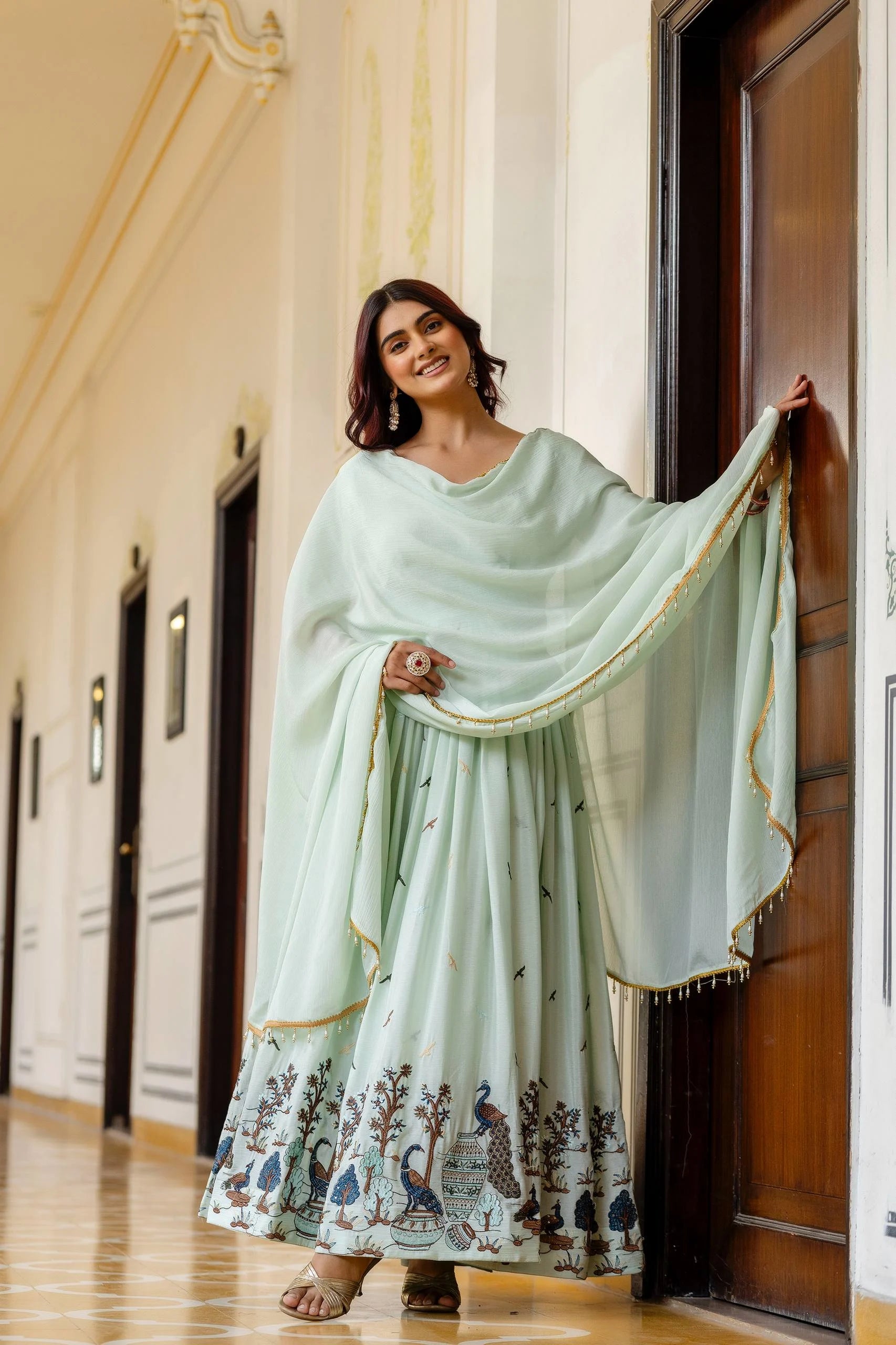 Glamorous Festive Look: Embroidered Chinon Gown with Grand Flair