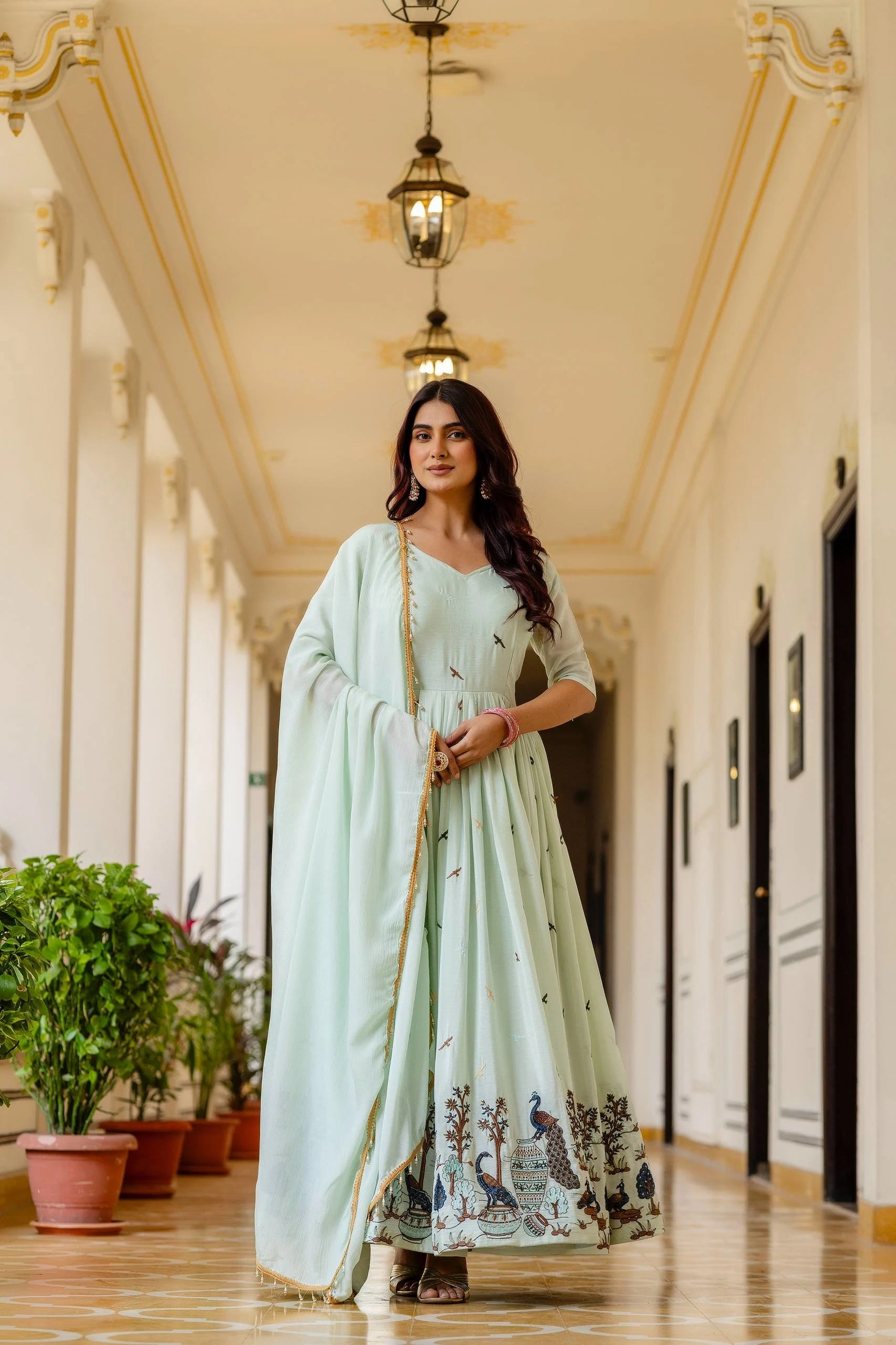 Glamorous Festive Look: Embroidered Chinon Gown with Grand Flair
