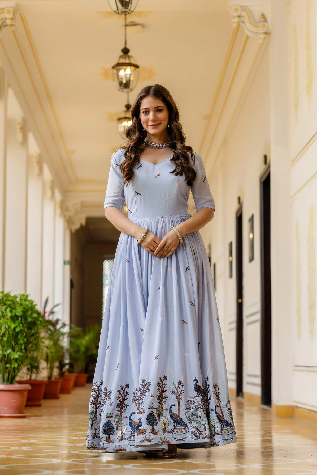 Classic Elegance: Chinon Gown with Intricate Embroidery & Lace Border