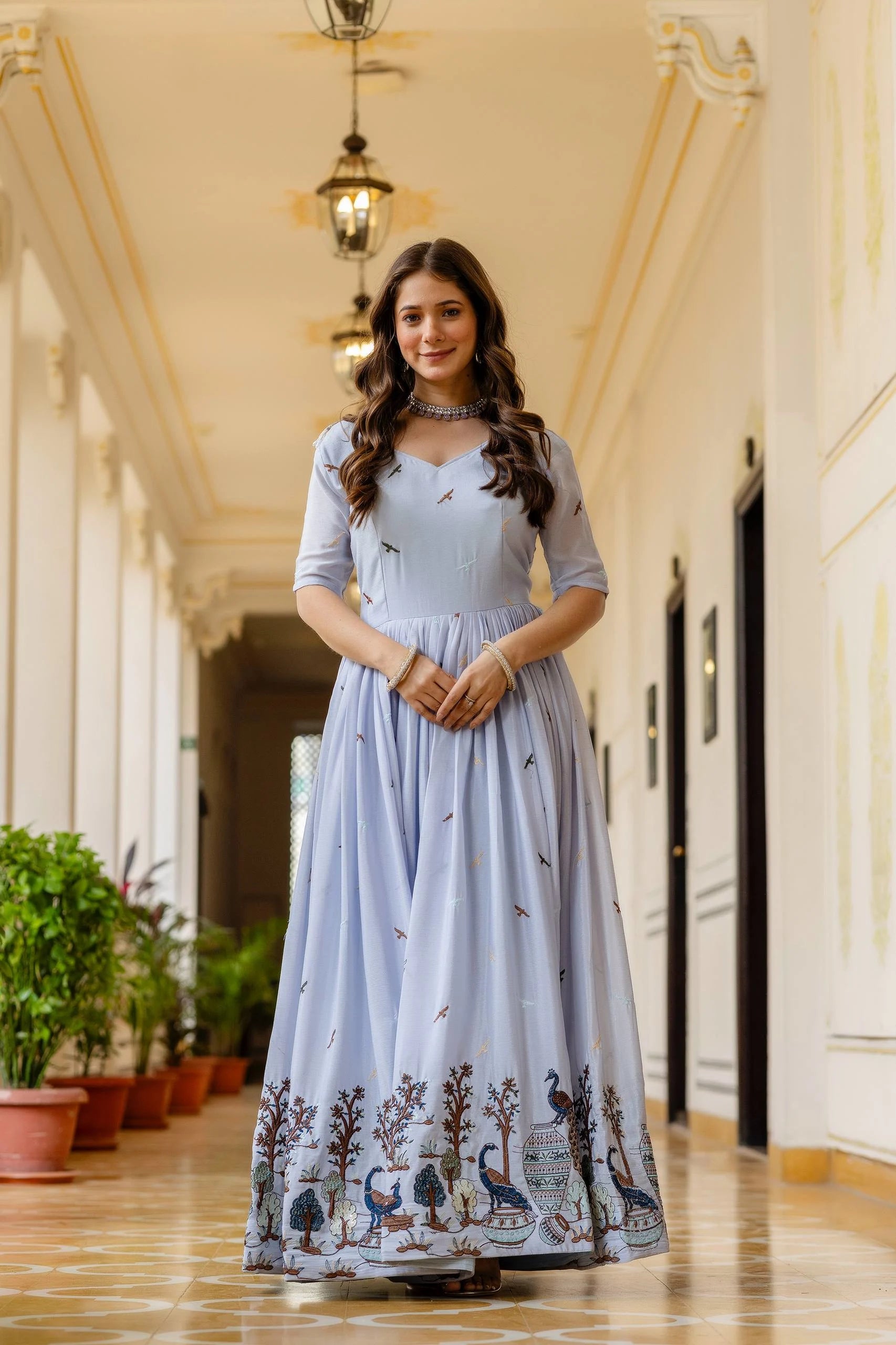 Classic Elegance: Chinon Gown with Intricate Embroidery & Lace Border