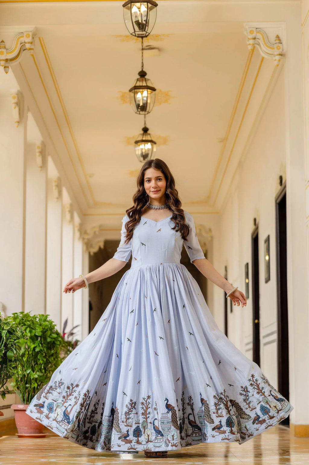 Classic Elegance: Chinon Gown with Intricate Embroidery & Lace Border