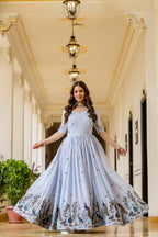 Classic Elegance: Chinon Gown with Intricate Embroidery & Lace Border