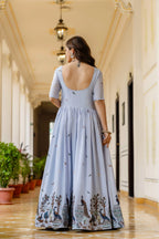 Classic Elegance: Chinon Gown with Intricate Embroidery & Lace Border