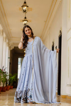 Classic Elegance: Chinon Gown with Intricate Embroidery & Lace Border