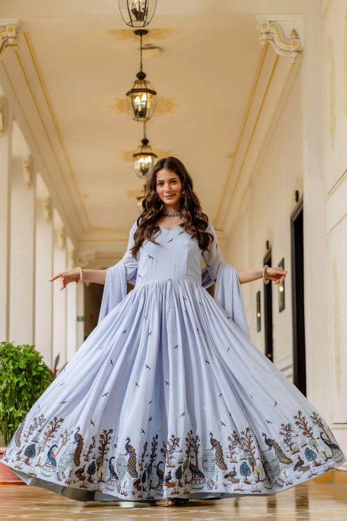 Classic Elegance: Chinon Gown with Intricate Embroidery & Lace Border