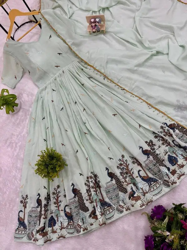 Glamorous Festive Look: Embroidered Chinon Gown with Grand Flair