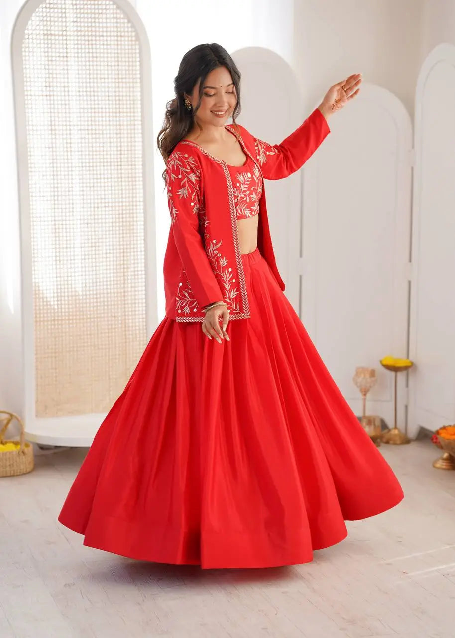 Red Aura Chinnon Silk Lehenga with Designer Jacket Style Rich Look Koti