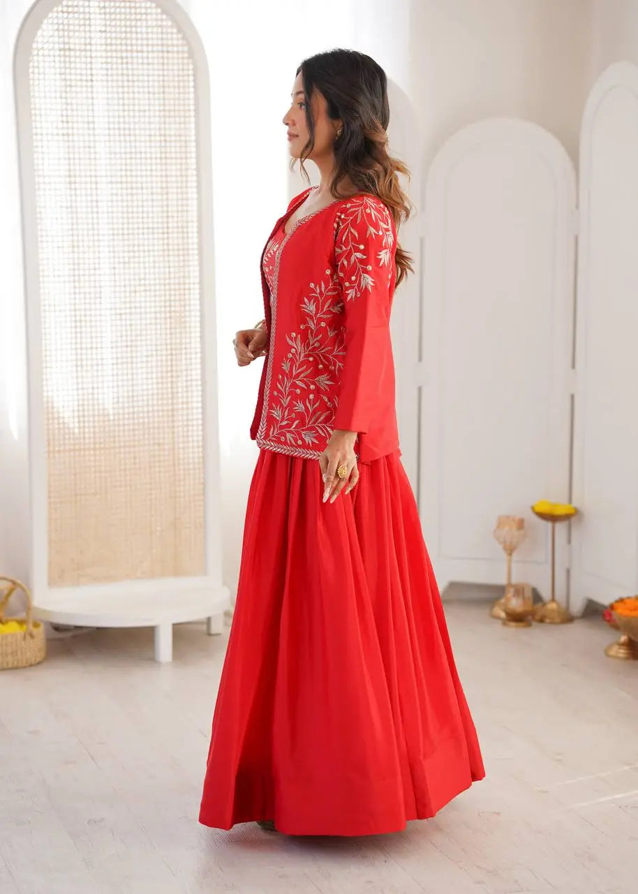 Red Aura Chinnon Silk Lehenga with Designer Jacket Style Rich Look Koti