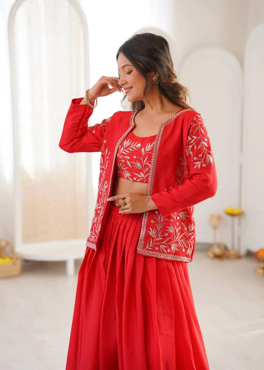 Red Aura Chinnon Silk Lehenga with Designer Jacket Style Rich Look Koti