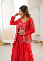 Red Aura Chinnon Silk Lehenga with Designer Jacket Style Rich Look Koti