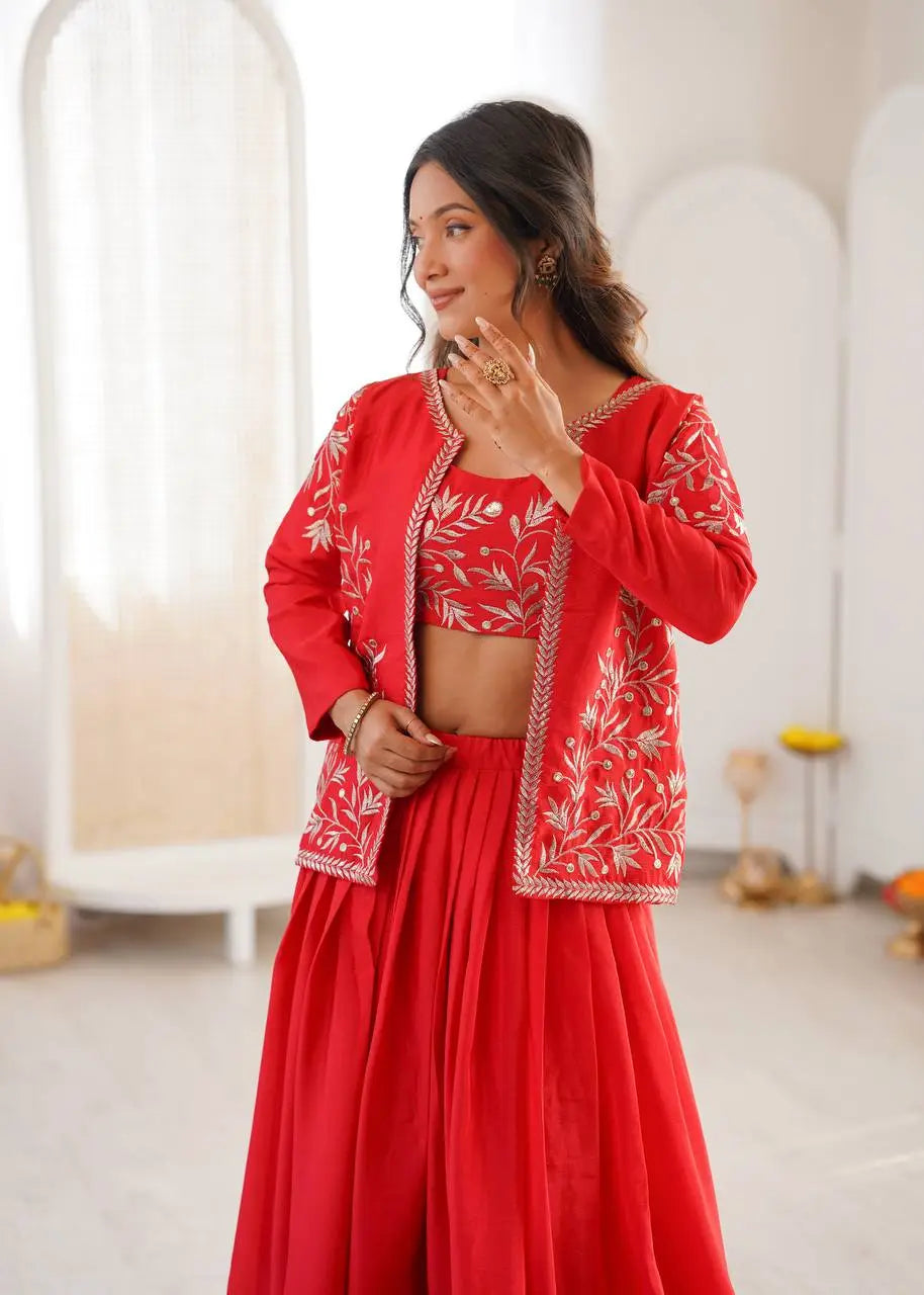 Red Aura Chinnon Silk Lehenga with Designer Jacket Style Rich Look Koti