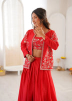 Red Aura Chinnon Silk Lehenga with Designer Jacket Style Rich Look Koti