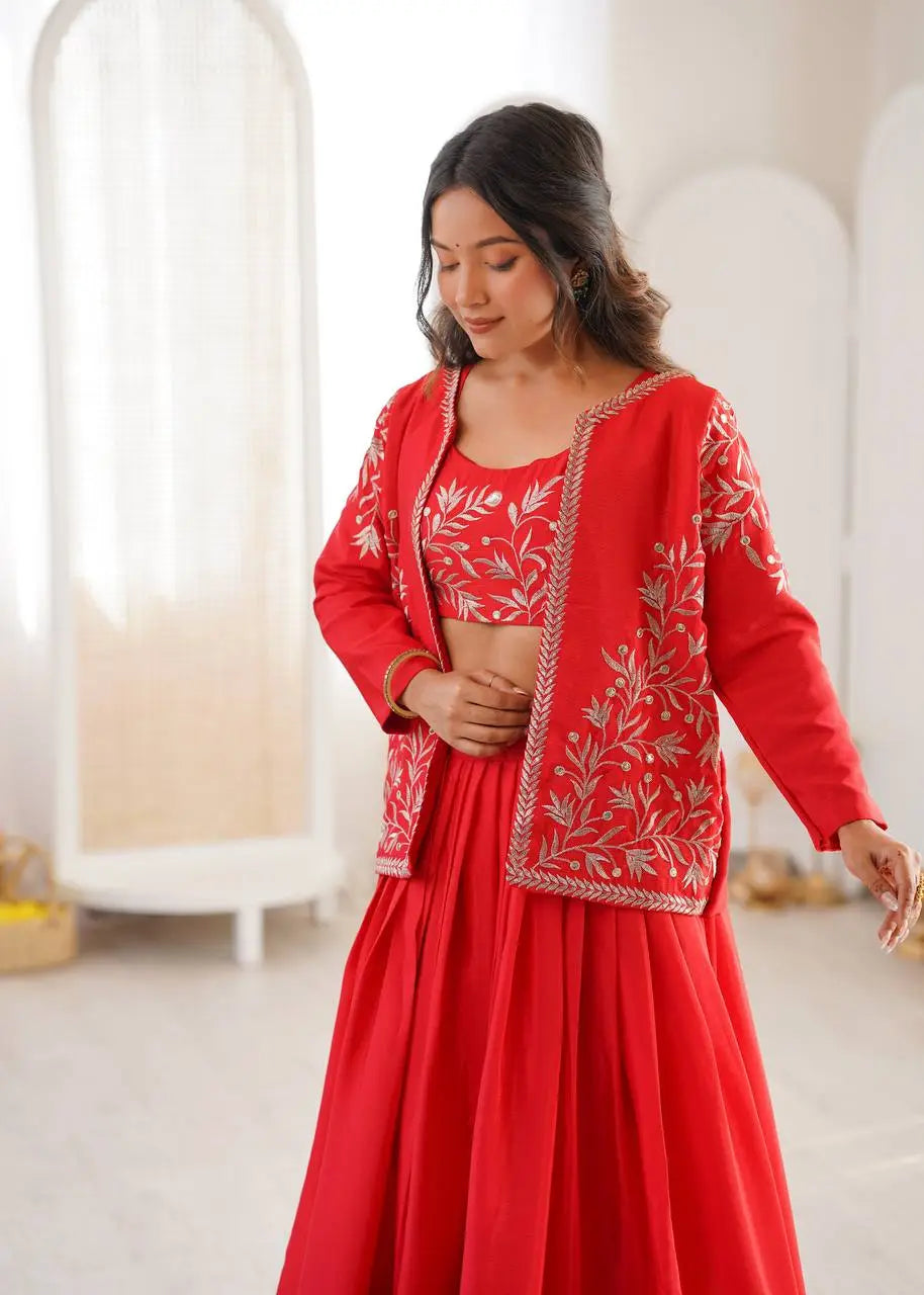 Red Aura Chinnon Silk Lehenga with Designer Jacket Style Rich Look Koti