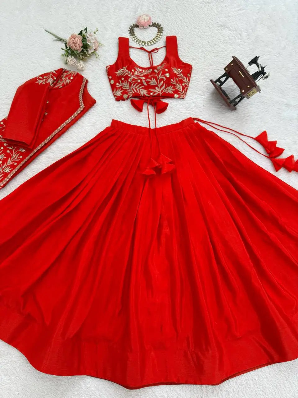 Red Aura Chinnon Silk Lehenga with Designer Jacket Style Rich Look Koti