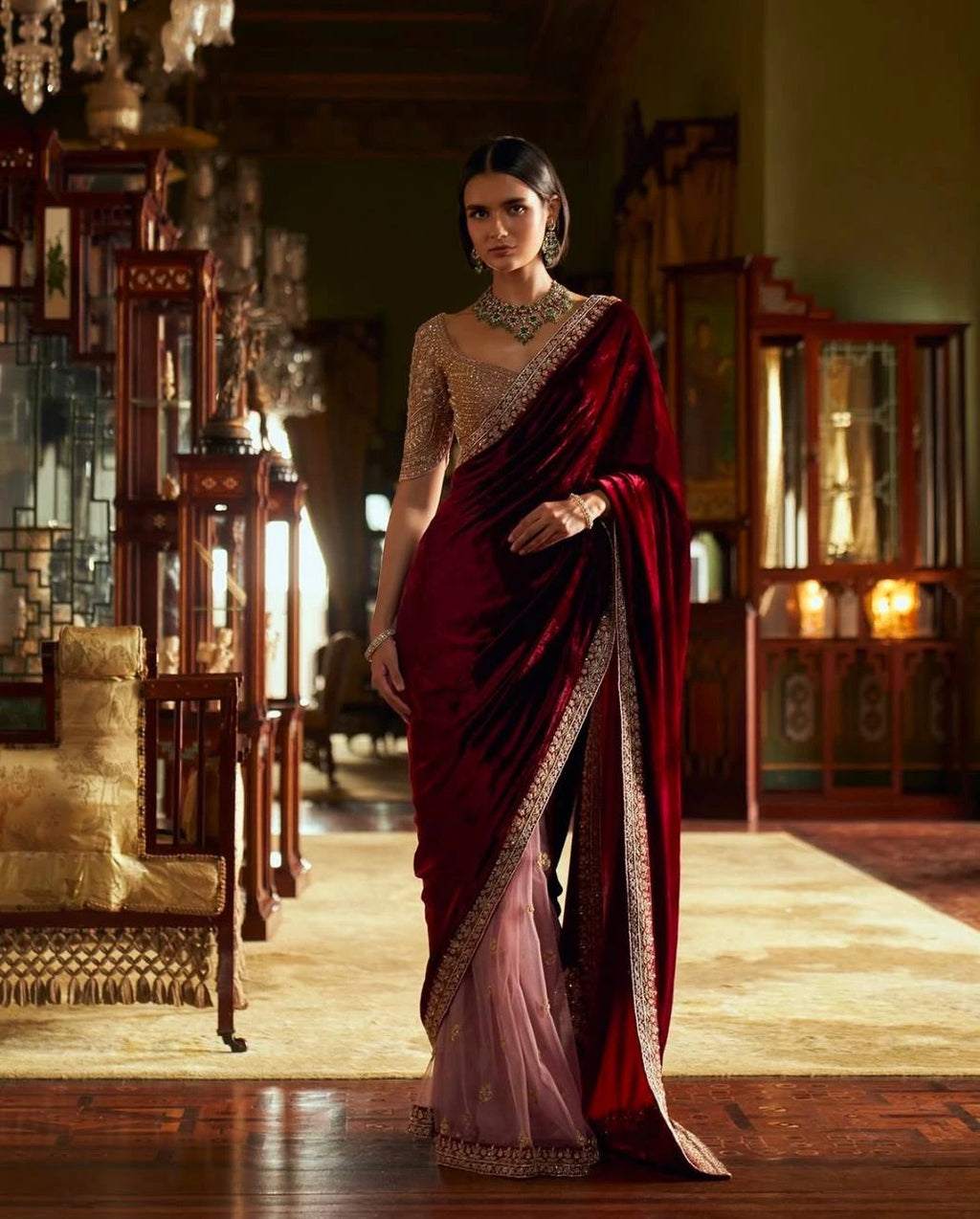 Velvet Saree Set with Net Embroidered Blouse