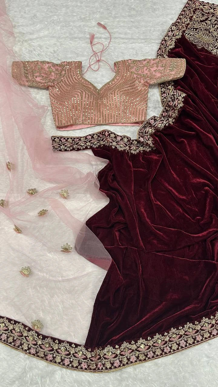 Velvet Saree Set with Net Embroidered Blouse