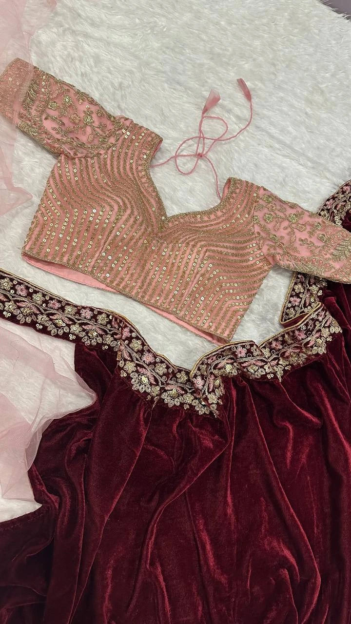 Velvet Saree Set with Net Embroidered Blouse