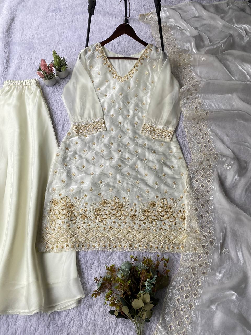 White Embroidered Sharara Suit Set for Wedding & Festive Wear