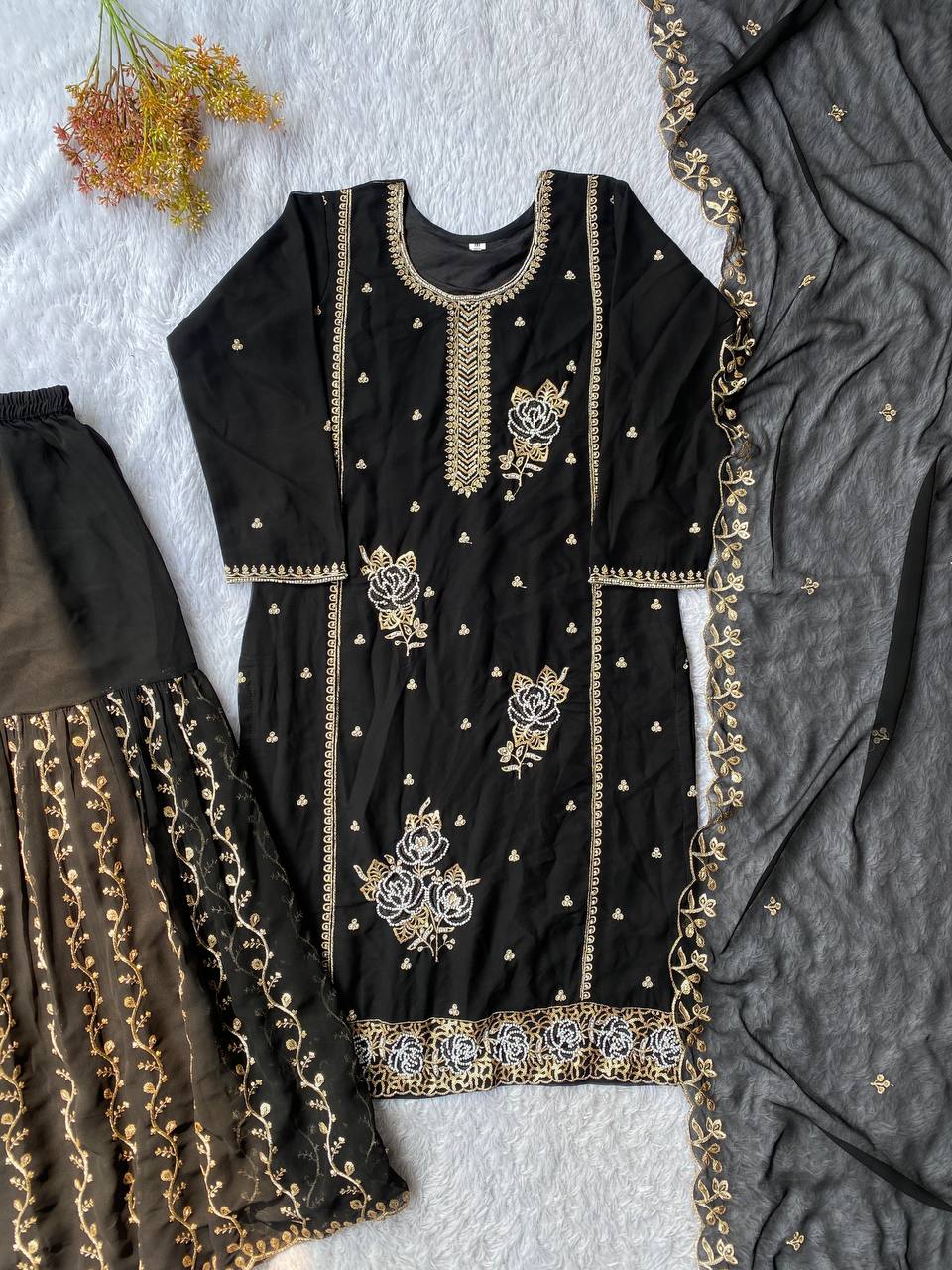 Black Embroidered Pakistani Gharara Suit for Women with Dupatta