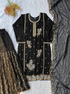 Black Embroidered Pakistani Gharara Suit for Women with Dupatta